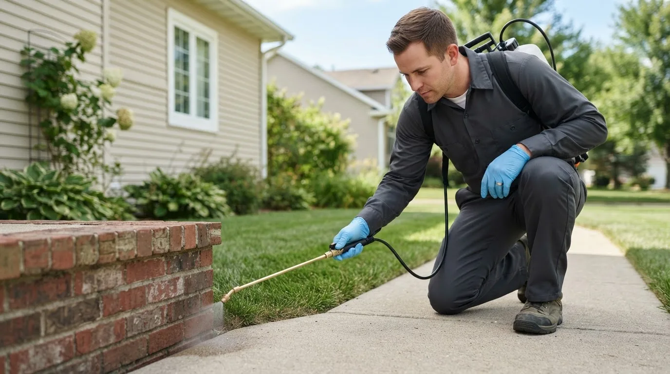 Pest control technician treating a home near West Chester, IA