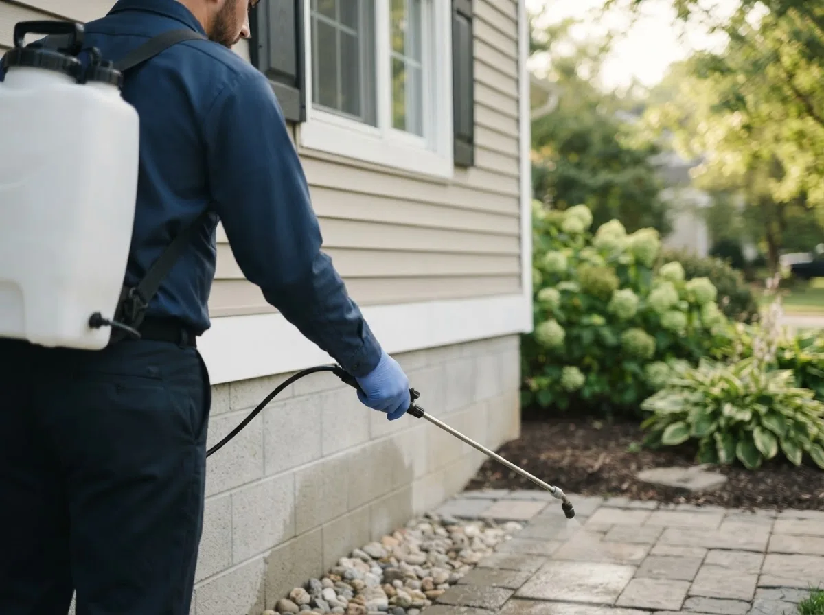 Pest control technician inspecting a home in West Chester, IA
